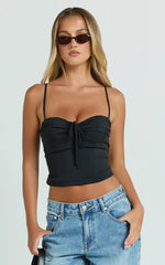 Clare Top - Gathered Front Bow Strappy Crop Top in Black