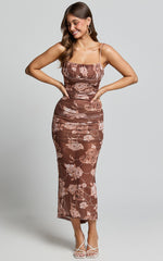 Vinnie Midi Dress - Strappy Ruched Bust Bodycon Dress in Chocolate Floral