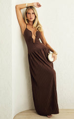 Hathaway Maxi Dress - U Shaped Neck Pleated Dress in Chocolate