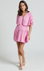 Heidi Mini Dress - Ruffle sleeve Tiered Dress in Pink