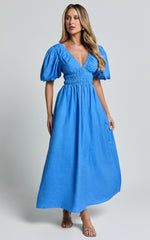 Amalie The Label - Khaila Linen Blend Plunge Puff Sleeve Midi Dress in Blue