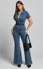 Silvena Jumpsuit - Short Sleeve Flared Denim Jumpsuit in Indigo Wash