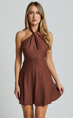 Louie Mini Dress - Linen Halter Neck Dress in Chocolate