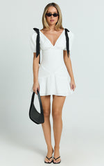 Venus Mini Dress - Contrast Tie Shoulder Short Sleeve Bias Cut Dress in Off White