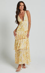 Beryl Midi Dress - Deep V Neck Sleeveless Layered Dress in Yellow Floral