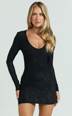 Harvey Mini Dress - Stretch Lace Scoop Neck Long Sleeve Bodycon Dress in Black