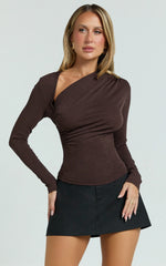 Hillary Top - Asymmetric Ruched Side Jersey Top in Chocolate Brown