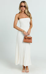 Paris Midi Dress - Strapless Drop Waist Pleated Knit Dress in White