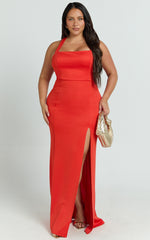 Lainie Maxi Dress - Straight Neck Thigh Split Cross Back in Orange