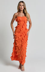 Arnie Midi Dress - Strapless Ruffle Detail Slip Dress in Orange