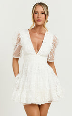 Pamela Mini Dress - Embroidered Plunge Tiered Dress in White