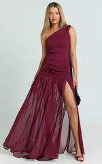 Behati Maxi Dress - One Shoulder Cut Out Fit And Flare Dress in Wine