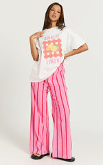 Gladiola Two Piece Set - Amalfi Limone Oversized Tee and Stripe Pant Set in Pink/Red