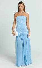 Georgina Maxi Dress - Sequin Strapless Front Split Dress in Blue