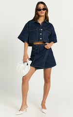 Katherine Top - Crop Button Down Collared Recycled Denim Short Sleeve Top in Dark Blue Wash
