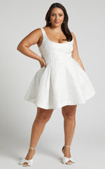 Stephane Mini Dress - Corset Scoop Neck Fit and Flare Dress in Ivory