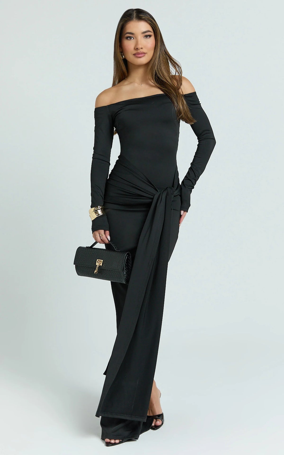 Judith Maxi Dress - Boat Neck Backless Tie Front Long Sleeve Jersey Dress in Black