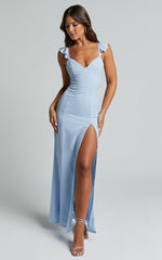 More Than This Maxi Dress - Ruffle Strap Thigh Split Dress in Light Blue