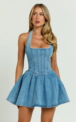 Hayes Mini Dress - Halter Neck Corset Bodice Dress in Mid Blue Wash