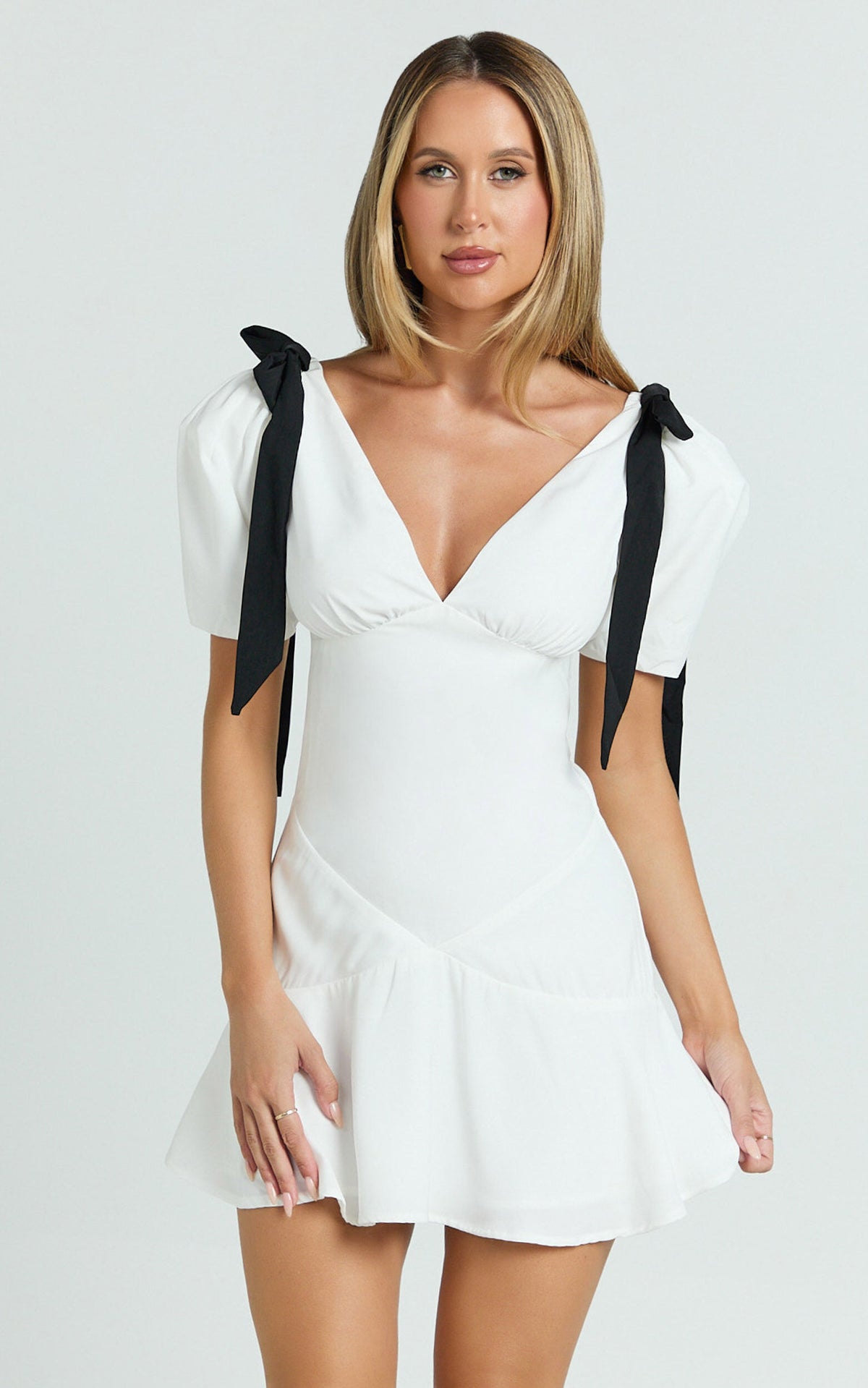 Venus Mini Dress - Contrast Tie Shoulder Short Sleeve Bias Cut Dress in Off White