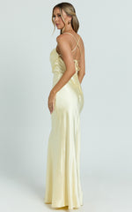 Hanna Maxi Dress - Satin Cowl Neck Low Back Dress in Lemon