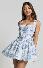 Idris Mini Dress - Lace Trim Corset Lace Up Back Dress in Toile De Jouy Print