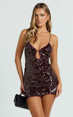 Finn Mini Dress - Plunge Neck Sheer Sequin Dress in Wine