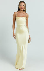 Hanna Maxi Dress - Satin Cowl Neck Low Back Dress in Lemon