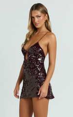 Finn Mini Dress - Plunge Neck Sheer Sequin Dress in Wine