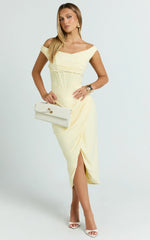 Aidia Midi Dress - Off Shoulder Draped Corset Dress in Lemon