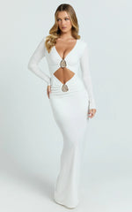 Dakota Maxi Dress - Long Sleeve V Neck Bodycon Dress in Cream