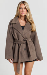 Alessandra Coat - Single Breasted Belted Short Wool Like Coat in Dark Chocolate