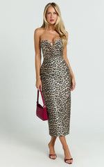 Sandy Midi Dress - Strapless Column Dress in Leopard Print