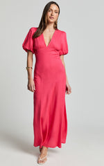 Celeste Midi Dress - Plunge Neck Short Puff Sleeve Linen Blend Dress in Berry