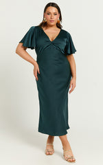 Amartina Midi Dress - V Neck Twist Bodice Flutter Sleeve Dress in Forest Green