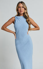 Jessenia Midi Dress - Linen High Neck Dress in Blue