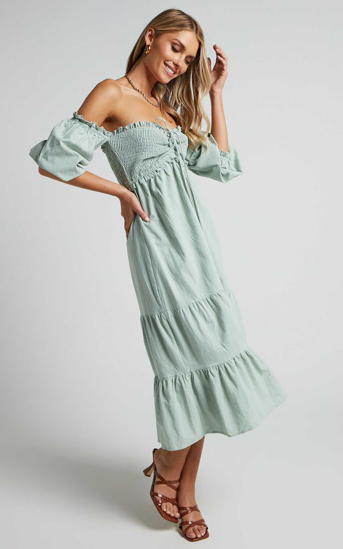 Nikka Midi Linen Dress - Shirred Off Shoulder Puff Sleeve Dress in Sage