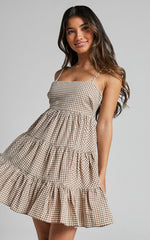 Lorelle Mini Dress - Straight Neck Tiered Dress in Brown Check Gingham