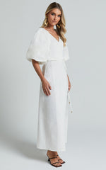 Amalie The Label - Santana Linen Blend Puff Sleeve Wrap Midi Dress in White