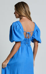 Amalie The Label - Khaila Linen Blend Plunge Puff Sleeve Midi Dress in Blue