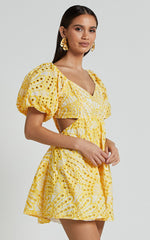 Sophia Mini Dress - Tie Back Puff Sleeve Dress in White and Yellow