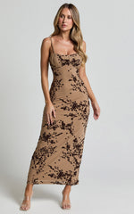 Lindsay Midi Dress - Ruched Chest Velvet Burnout Slip Dress in Brown Floral