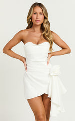 Betsy Mini Dress - Strapless Draped Rose Dress in White