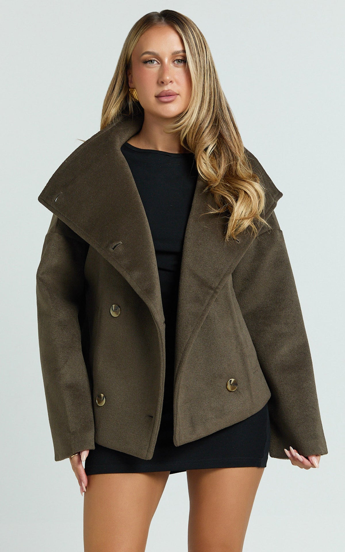 Yasmine Coat - Double Breasted High Neck Short Wool Like Coat in Mink
