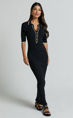 Lada Midi Dress - Short Sleeve Button Front Knit Dress in Black