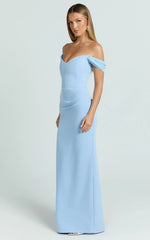 Veronika Maxi Dress - Off Shoulder Plunge High Split Dress in Blue
