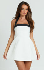 Broome Mini Dress - Contrast Halter Tie Tulip Skirt Dress in White/Black