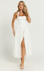Helda Midi Dress - Halter Tie Neck Corset Panel Dress in Off White