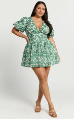 Nelli Mini Dress - Short Puff Sleeve Shirred Back Dress in Green Silhouette