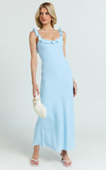 Jenkins Midi Linen Dress - Scoop Frill Neck A Line Dress in Light Blue
